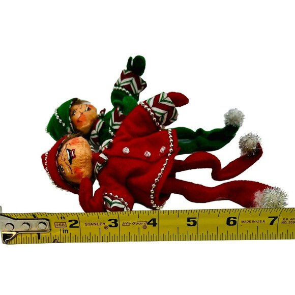 Annalee Green Red Elf Christmas Pair 2008 Silver Trim Open Eyes Mouth 7 inch - Picture 13 of 13